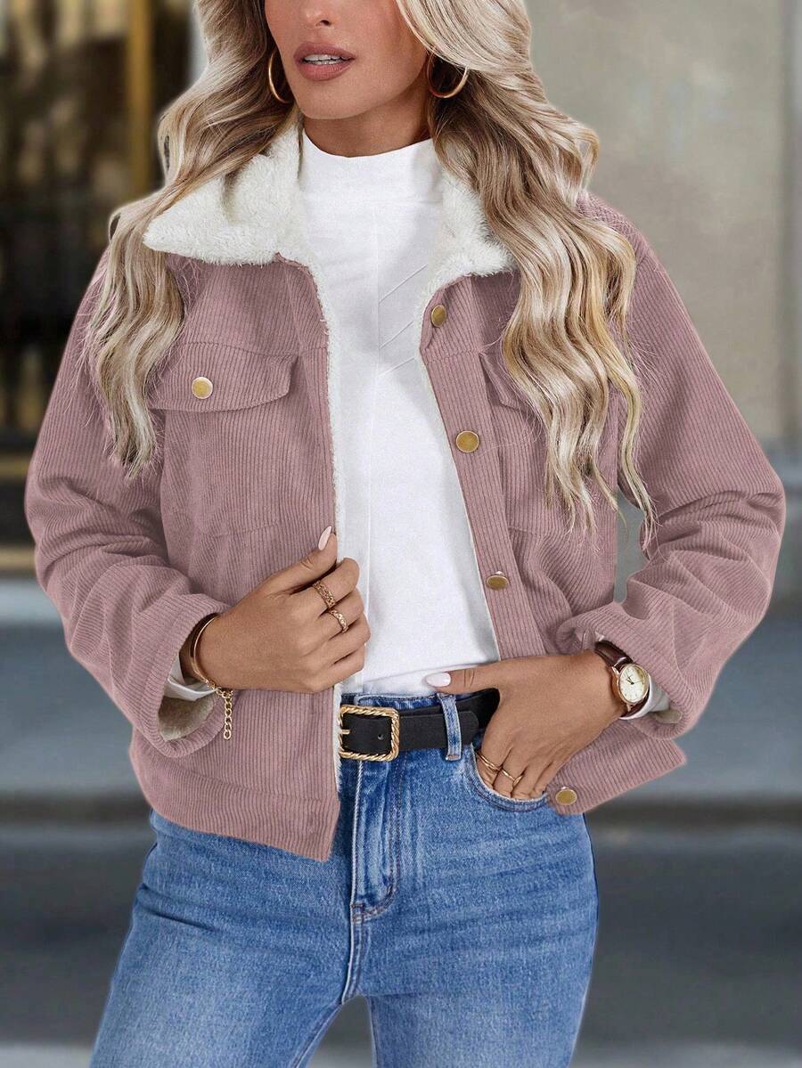 Louniche 1pc Solid Color Thermal Lined Front Zip Pocket Casual Long Sleeve Jacket Fall Winter Cloth For Women