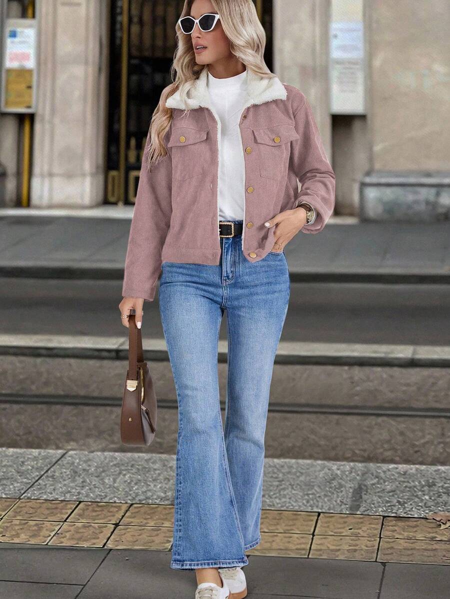 Louniche 1pc Solid Color Thermal Lined Front Zip Pocket Casual Long Sleeve Jacket Fall Winter Cloth For Women