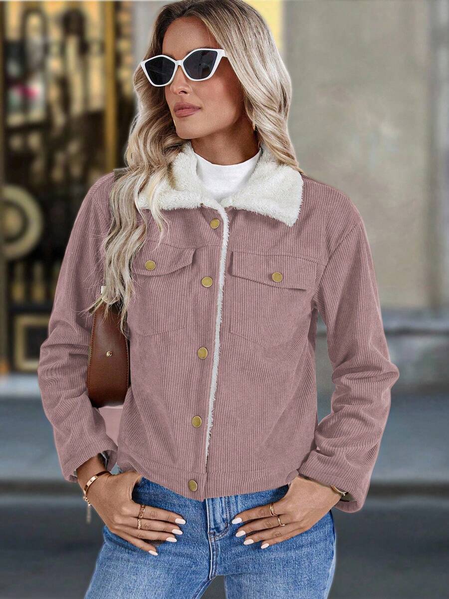 Louniche 1pc Solid Color Thermal Lined Front Zip Pocket Casual Long Sleeve Jacket Fall Winter Cloth For Women