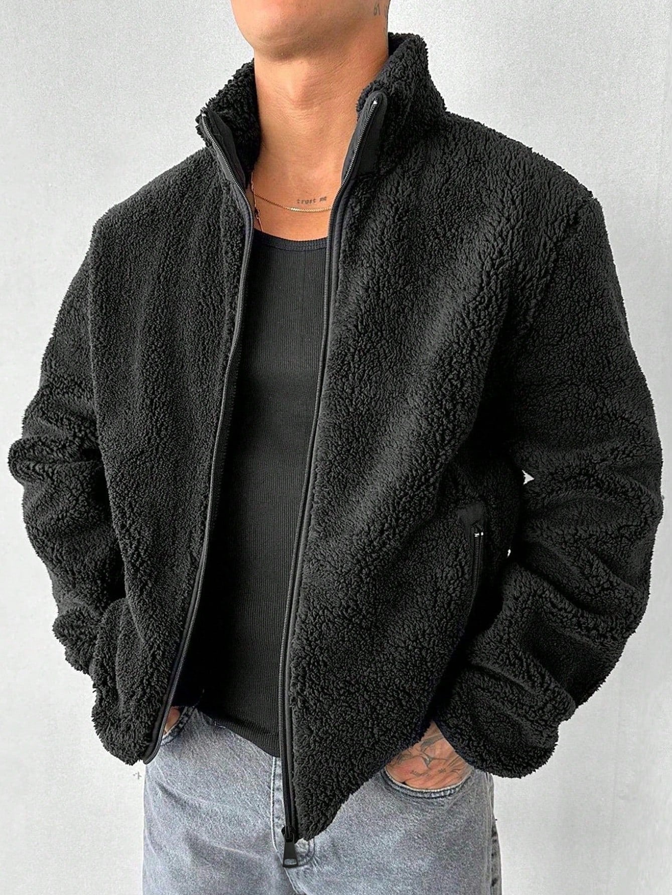 Men's Old Money Standing Collar Thickened Jacket , Fall Winter, Grunge, Fleece-Lined Jacket