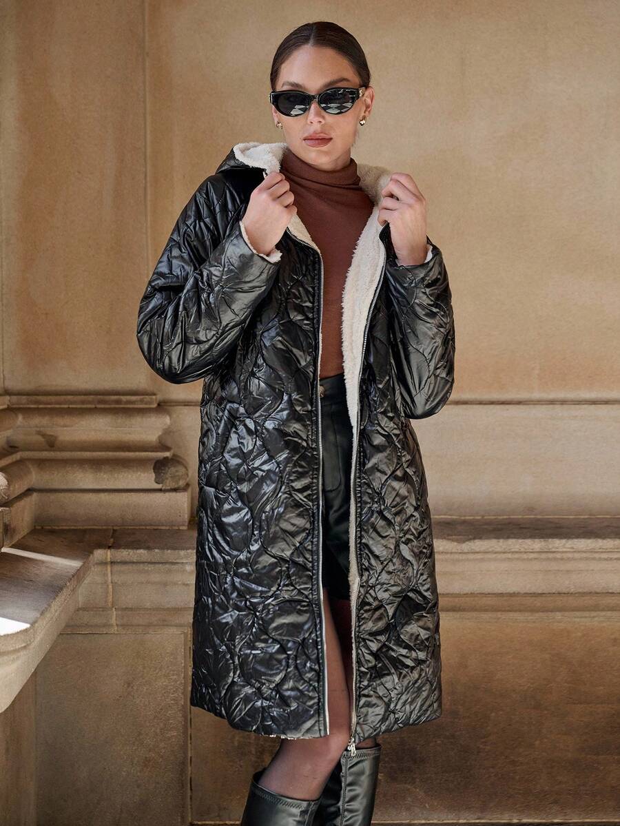 SHEIN Clasi Women Zip Up Hooded Teddy Lined Quilted Coat In Fall/Winter