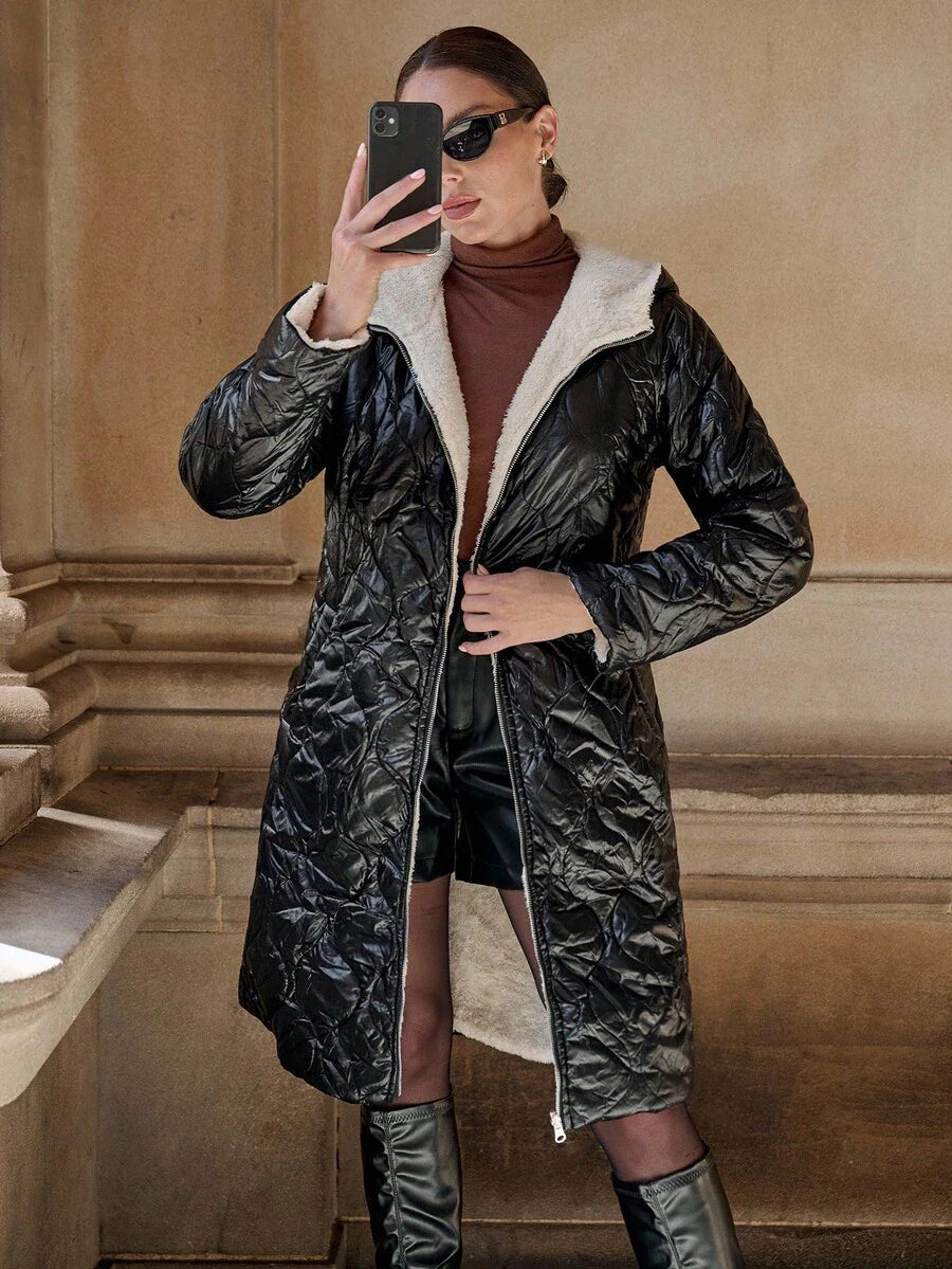 SHEIN Clasi Women Zip Up Hooded Teddy Lined Quilted Coat In Fall/Winter