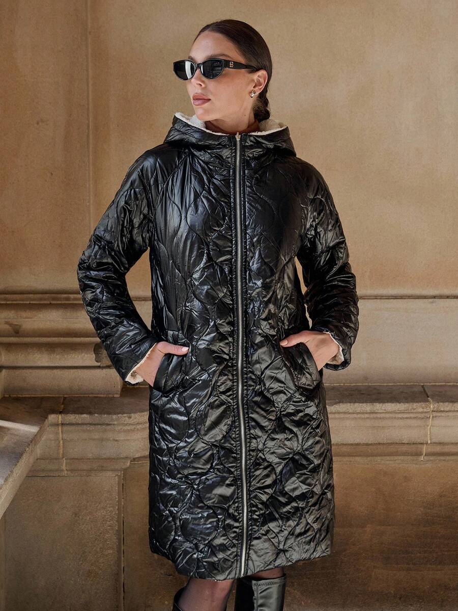 SHEIN Clasi Women Zip Up Hooded Teddy Lined Quilted Coat In Fall/Winter