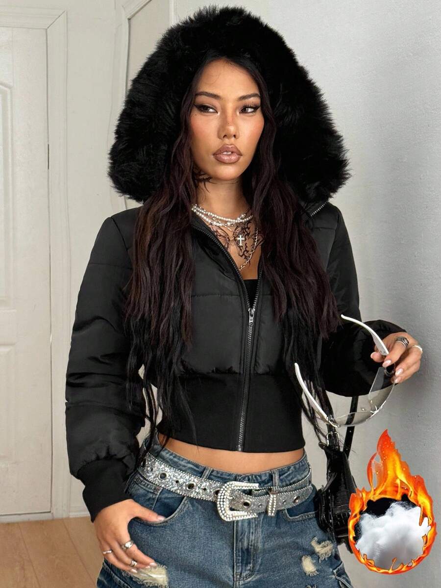 Coolane Women's Winter RETRO PUNK Hippie Grunge  Streetwear  Vintage Tree Branch Pattern Warm/ Cold Weather/ Thermal Padded Fuzzy Neck Zip Up Quilted Coat Cropped Puffer Jacket Faux Fur Trimmed Jacket Camo Jacket