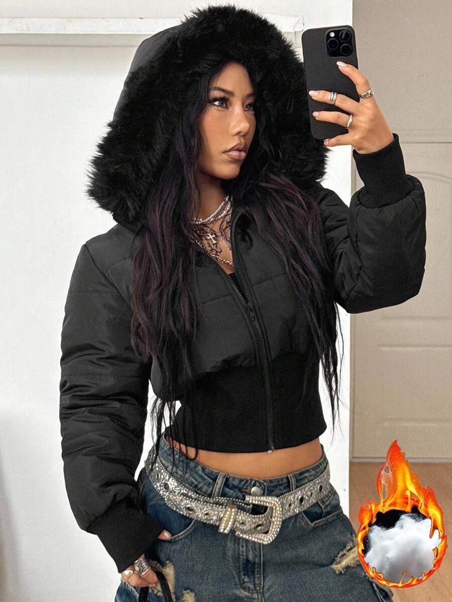 Coolane Women's Winter RETRO PUNK Hippie Grunge  Streetwear  Vintage Tree Branch Pattern Warm/ Cold Weather/ Thermal Padded Fuzzy Neck Zip Up Quilted Coat Cropped Puffer Jacket Faux Fur Trimmed Jacket Camo Jacket