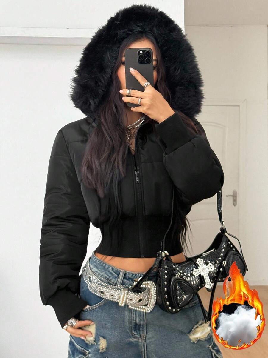 Coolane Women's Winter Streetwear Basic Daily Wear Quilted Coat With Flannelette Hat Brown Warm/ Cold Weather/ Thermal Crop Jacket