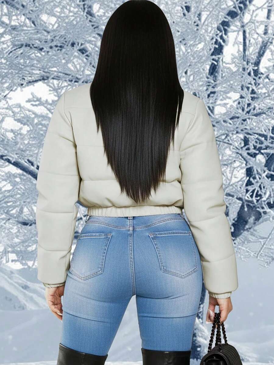 Winter Fashion Black Short Outdoor Warm Winter Jacket. Zipper Flap With Pocket.