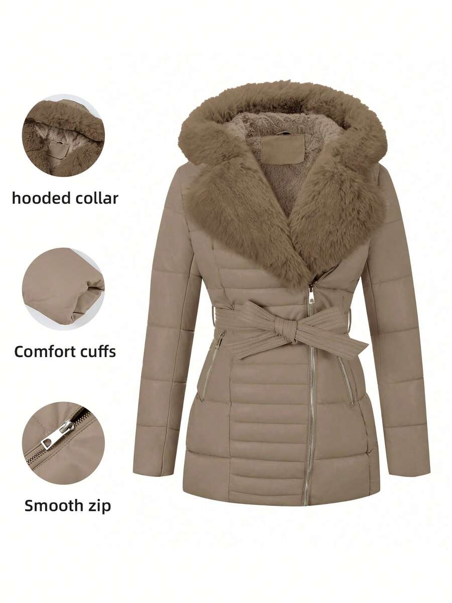 Women's Spring, Fall And Winter PU Simple Clip Jacket Elegant Hooded Jacket Faux Fur Collar Belt Can Be Waisted