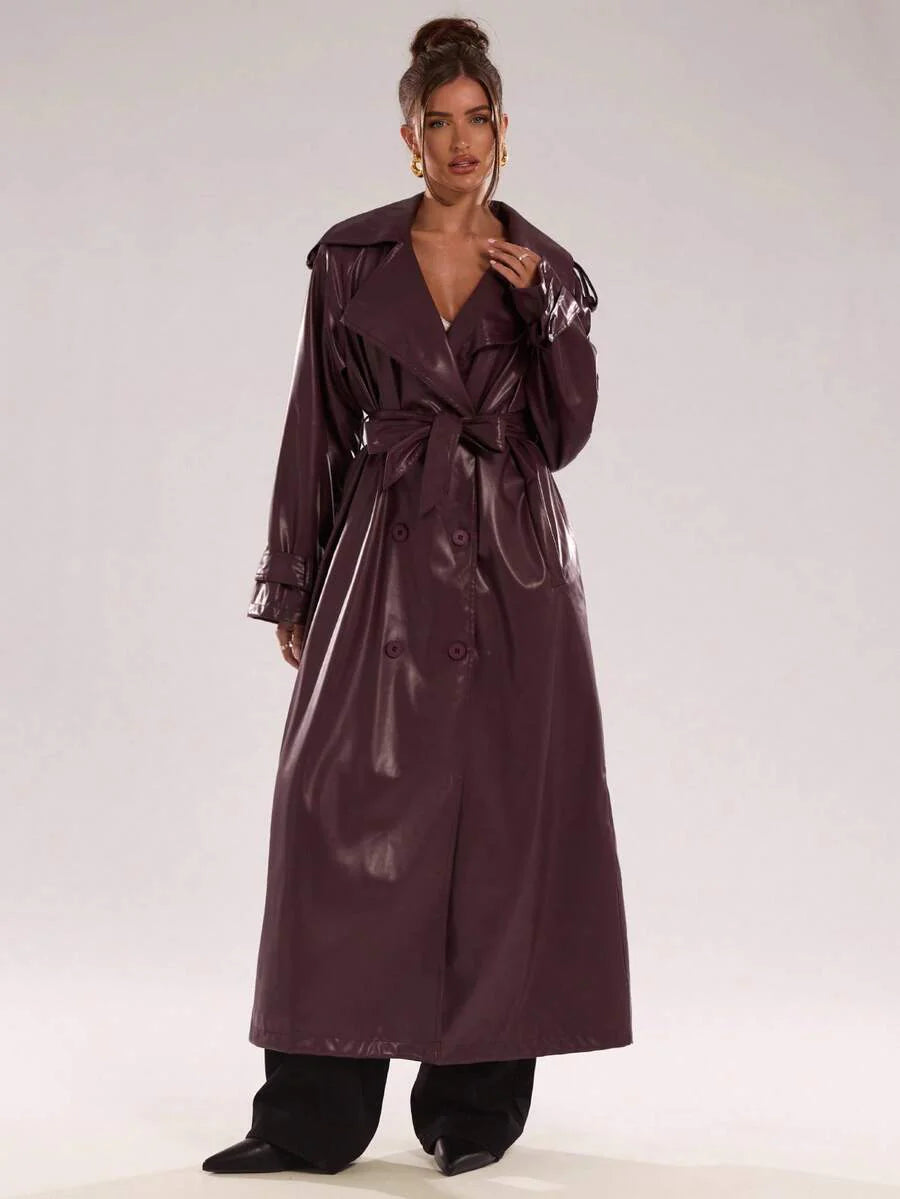 BAE New Warm Wind-Proof Coffee Color Versatile Extra Long Cinched Waist Double-Breasted Decoration England Style Large Turn-Down Collar Trench Coat In Fall/Winter, Khaki Contrast Brown Sleeve Windbreaker Barn Style Contrast Cuff Double-Breasted Trench C