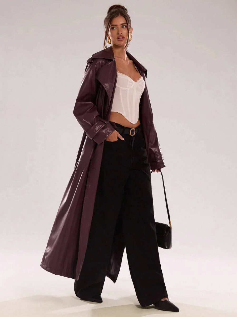 BAE New Warm Wind-Proof Coffee Color Versatile Extra Long Cinched Waist Double-Breasted Decoration England Style Large Turn-Down Collar Trench Coat In Fall/Winter, Khaki Contrast Brown Sleeve Windbreaker Barn Style Contrast Cuff Double-Breasted Trench C