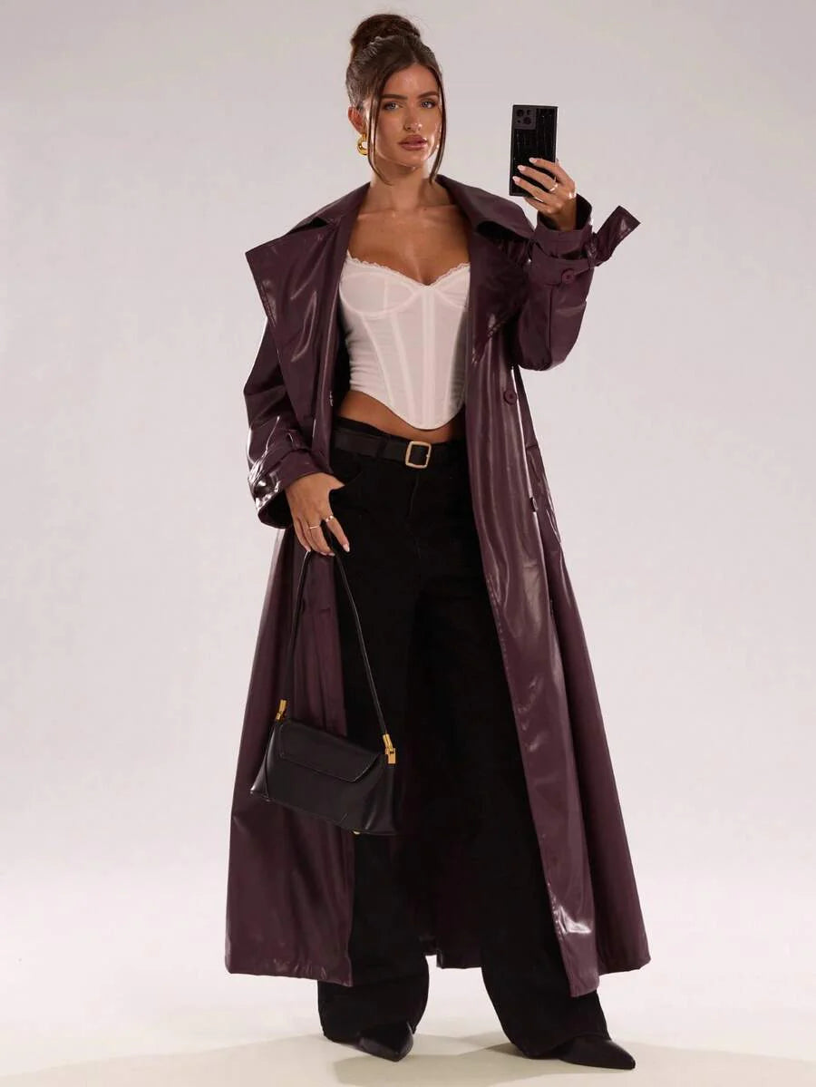 BAE New Warm Wind-Proof Coffee Color Versatile Extra Long Cinched Waist Double-Breasted Decoration England Style Large Turn-Down Collar Trench Coat In Fall/Winter, Khaki Contrast Brown Sleeve Windbreaker Barn Style Contrast Cuff Double-Breasted Trench C