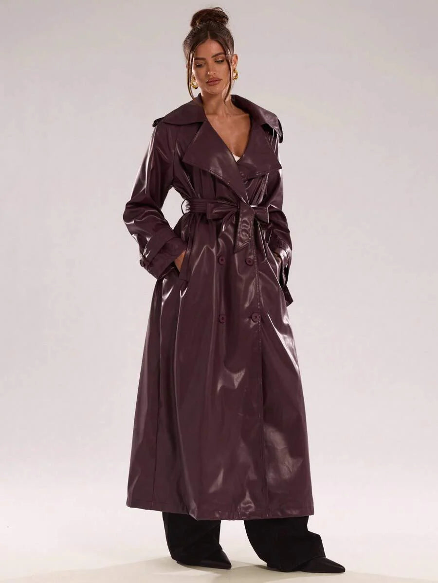 BAE New Warm Wind-Proof Coffee Color Versatile Extra Long Cinched Waist Double-Breasted Decoration England Style Large Turn-Down Collar Trench Coat In Fall/Winter, Khaki Contrast Brown Sleeve Windbreaker Barn Style Contrast Cuff Double-Breasted Trench C
