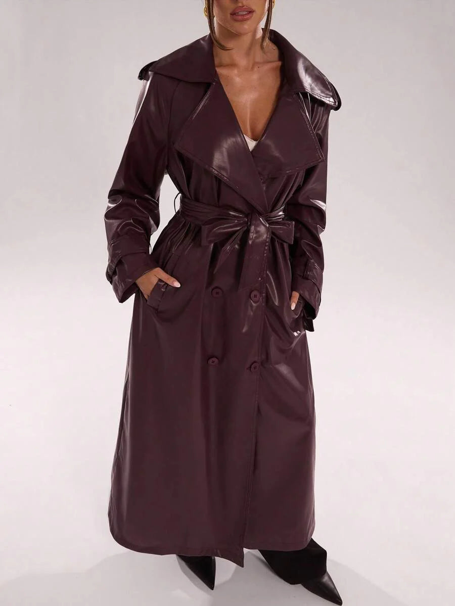 BAE New Warm Wind-Proof Coffee Color Versatile Extra Long Cinched Waist Double-Breasted Decoration England Style Large Turn-Down Collar Trench Coat In Fall/Winter, Khaki Contrast Brown Sleeve Windbreaker Barn Style Contrast Cuff Double-Breasted Trench C