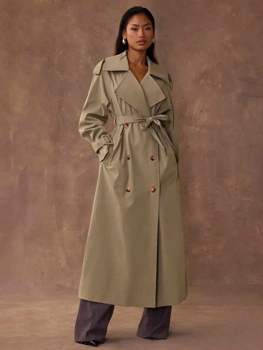 BAE New Warm Wind-Proof Coffee Color Versatile Extra Long Cinched Waist Double-Breasted Decoration England Style Large Turn-Down Collar Trench Coat In Fall/Winter, Khaki Contrast Brown Sleeve Windbreaker Barn Style Contrast Cuff Double-Breasted Trench C