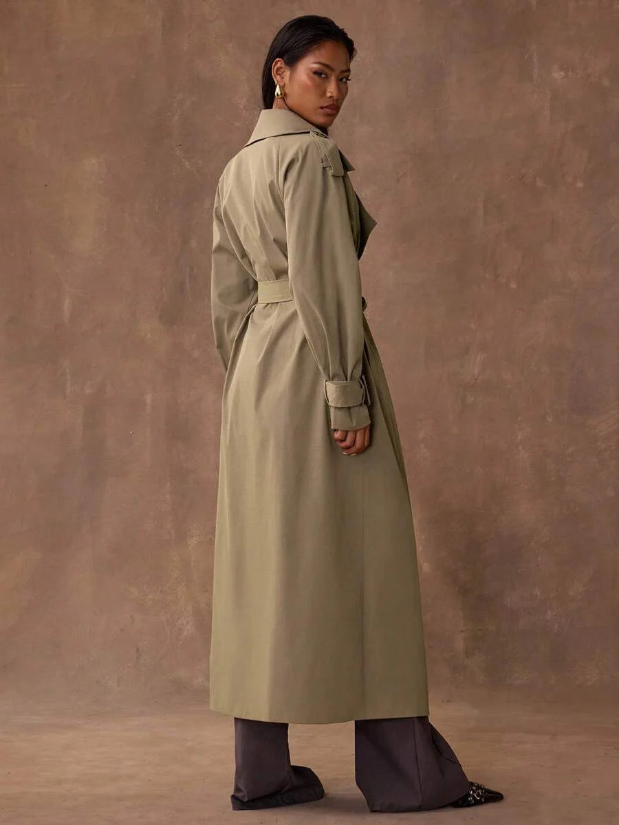BAE New Warm Wind-Proof Coffee Color Versatile Extra Long Cinched Waist Double-Breasted Decoration England Style Large Turn-Down Collar Trench Coat In Fall/Winter, Khaki Contrast Brown Sleeve Windbreaker Barn Style Contrast Cuff Double-Breasted Trench C