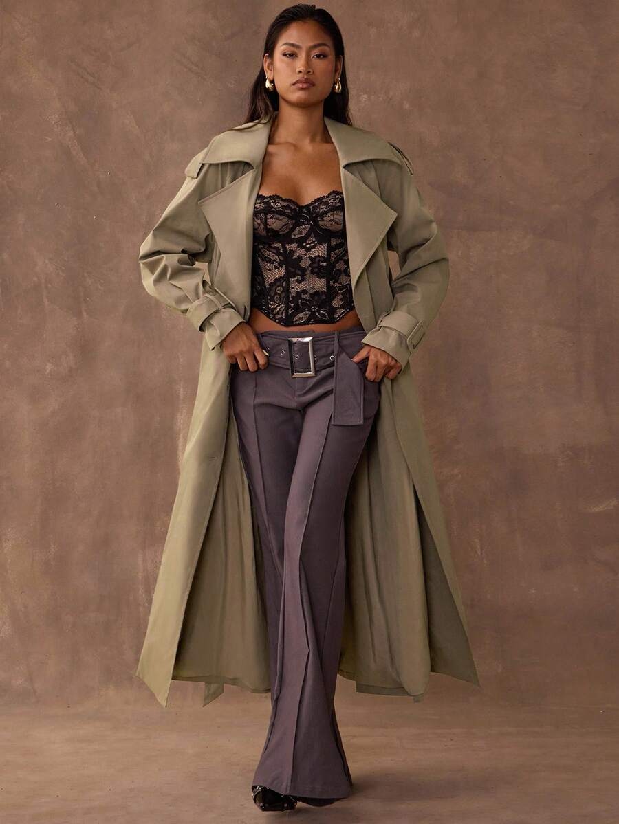 BAE New Warm Wind-Proof Coffee Color Versatile Extra Long Cinched Waist Double-Breasted Decoration England Style Large Turn-Down Collar Trench Coat In Fall/Winter, Khaki Contrast Brown Sleeve Windbreaker Barn Style Contrast Cuff Double-Breasted Trench C