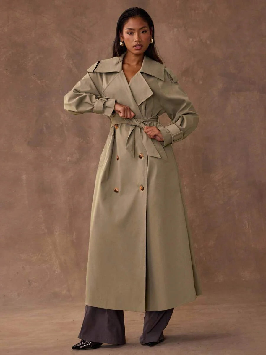 BAE New Warm Wind-Proof Coffee Color Versatile Extra Long Cinched Waist Double-Breasted Decoration England Style Large Turn-Down Collar Trench Coat In Fall/Winter, Khaki Contrast Brown Sleeve Windbreaker Barn Style Contrast Cuff Double-Breasted Trench C