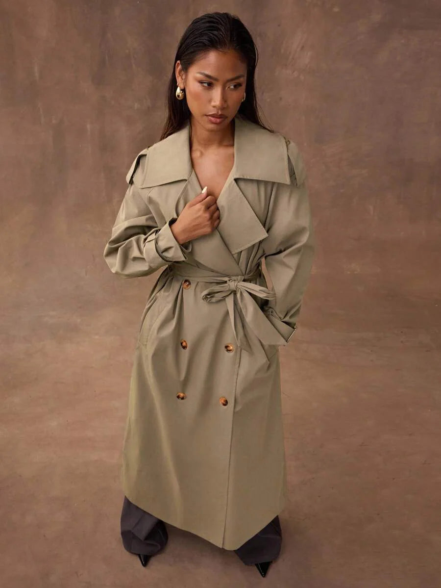 BAE New Warm Wind-Proof Coffee Color Versatile Extra Long Cinched Waist Double-Breasted Decoration England Style Large Turn-Down Collar Trench Coat In Fall/Winter, Khaki Contrast Brown Sleeve Windbreaker Barn Style Contrast Cuff Double-Breasted Trench C