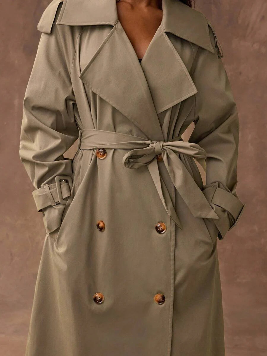 BAE New Warm Wind-Proof Coffee Color Versatile Extra Long Cinched Waist Double-Breasted Decoration England Style Large Turn-Down Collar Trench Coat In Fall/Winter, Khaki Contrast Brown Sleeve Windbreaker Barn Style Contrast Cuff Double-Breasted Trench C