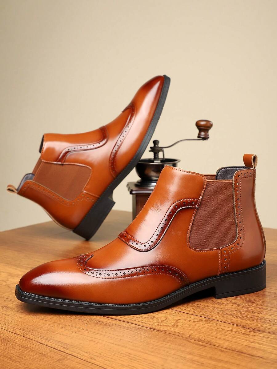 Men's High-Top Brogue Carved Flower Boots, New Business Casual Soft Bottom Chelsea Boots, British Style