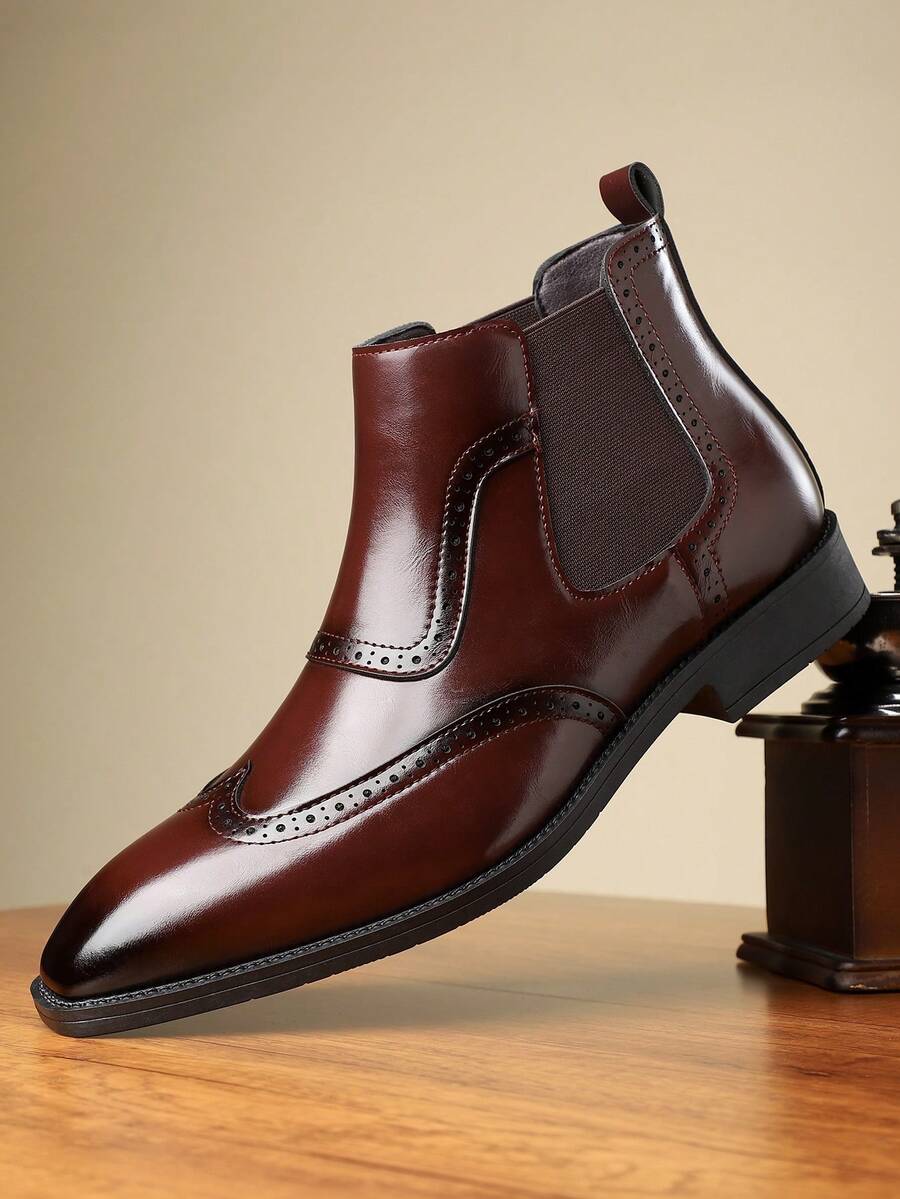 Men's High-Top Brogue Carved Flower Boots, New Business Casual Soft Bottom Chelsea Boots, British Style