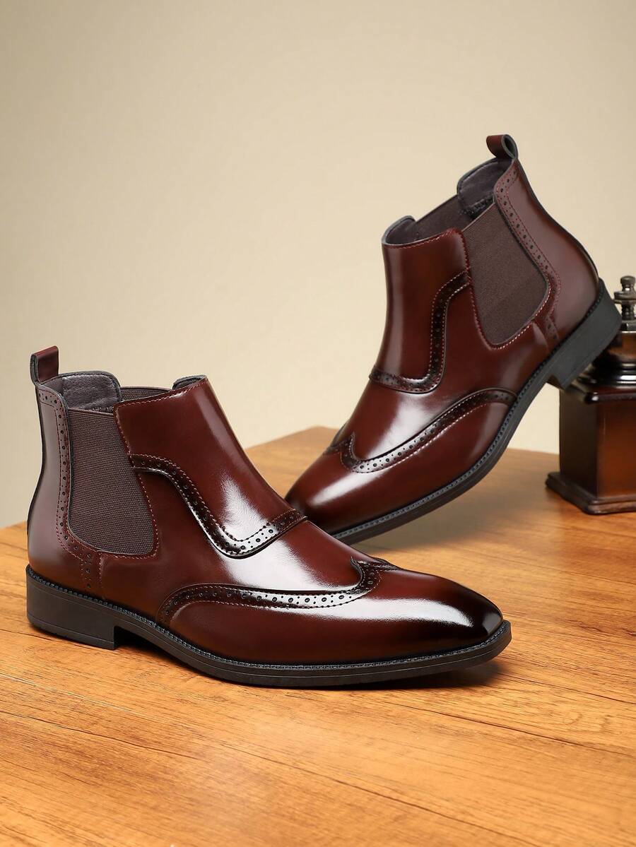 Men's High-Top Brogue Carved Flower Boots, New Business Casual Soft Bottom Chelsea Boots, British Style