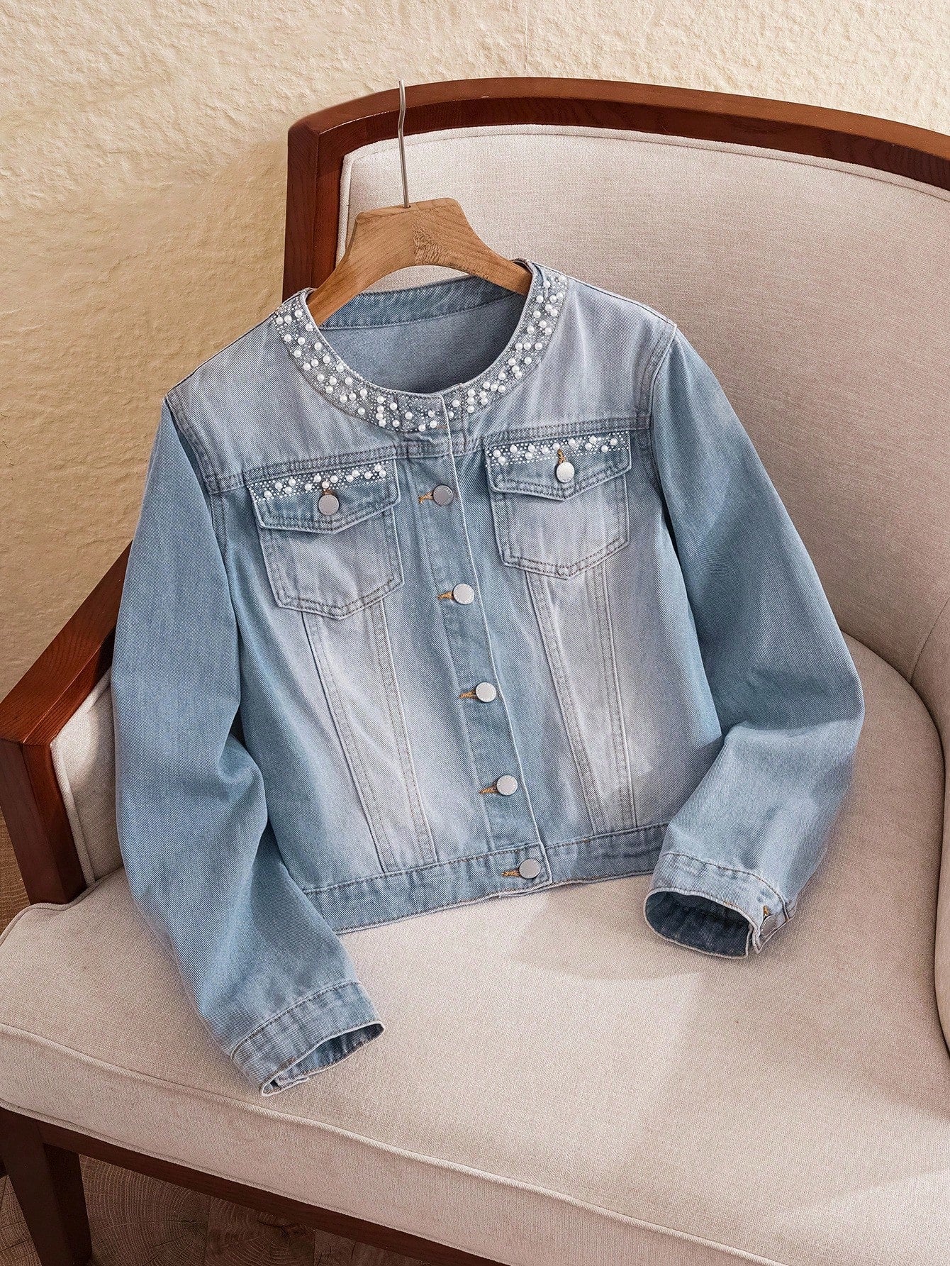 EMERY ROSE Women's Autumn Faux Pearl Decor Single-Breasted Casual Denim Jacket