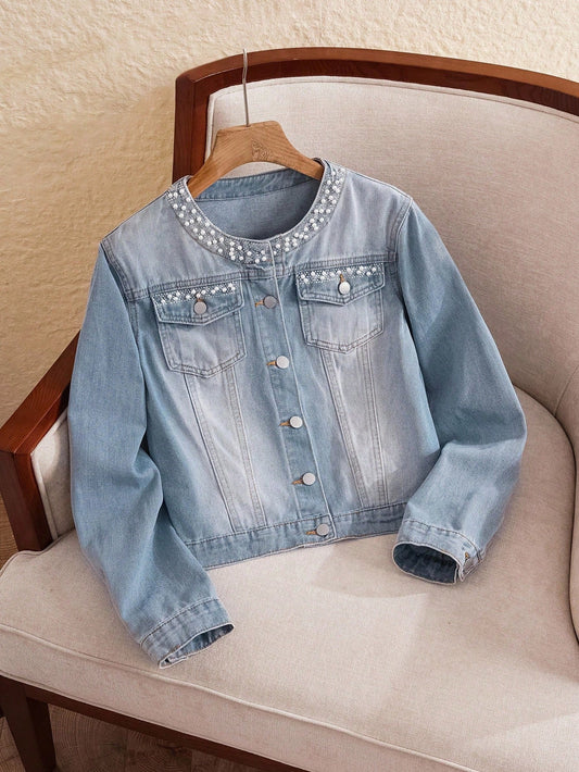EMERY ROSE Women's Autumn Faux Pearl Decor Single-Breasted Casual Denim Jacket