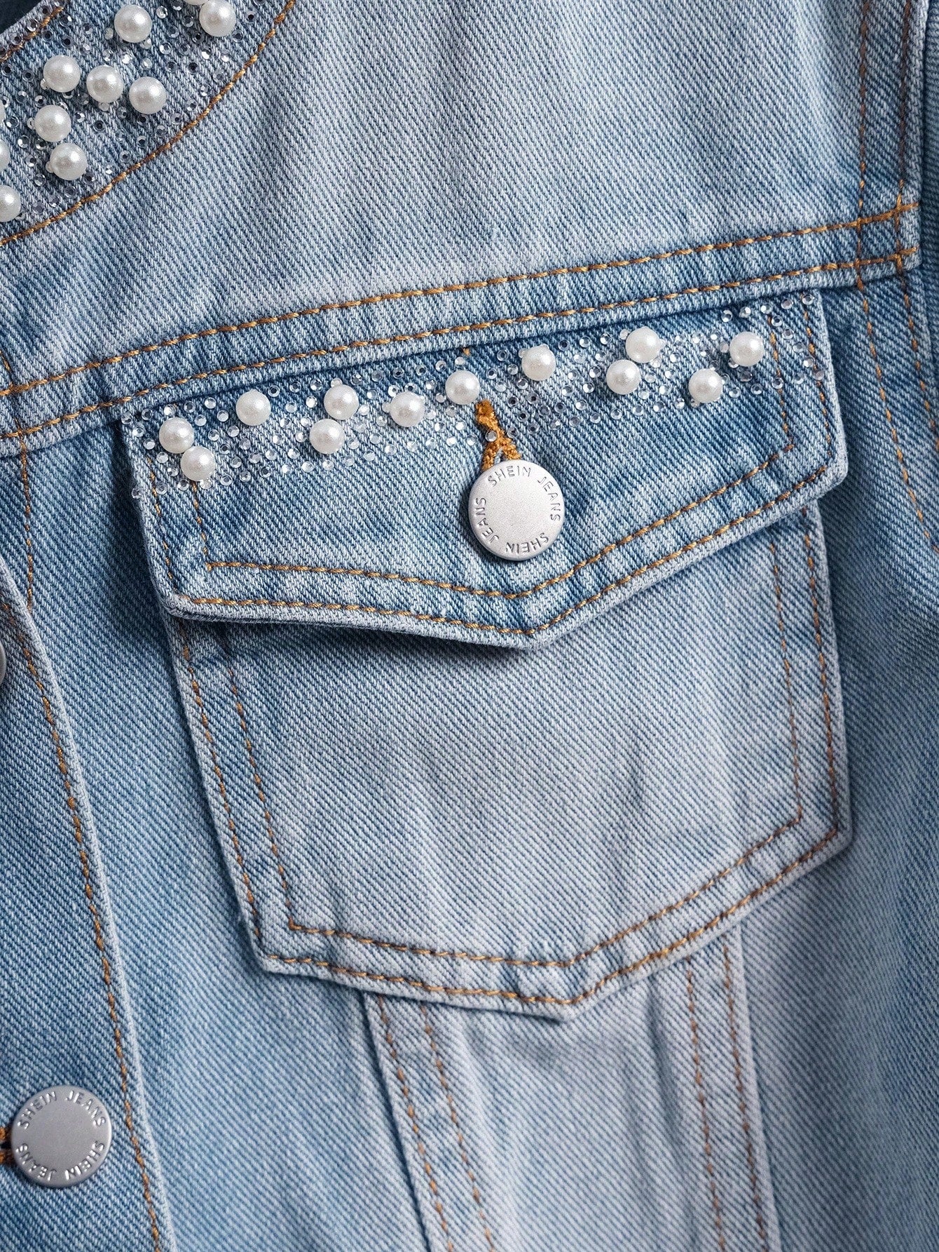 EMERY ROSE Women's Autumn Faux Pearl Decor Single-Breasted Casual Denim Jacket