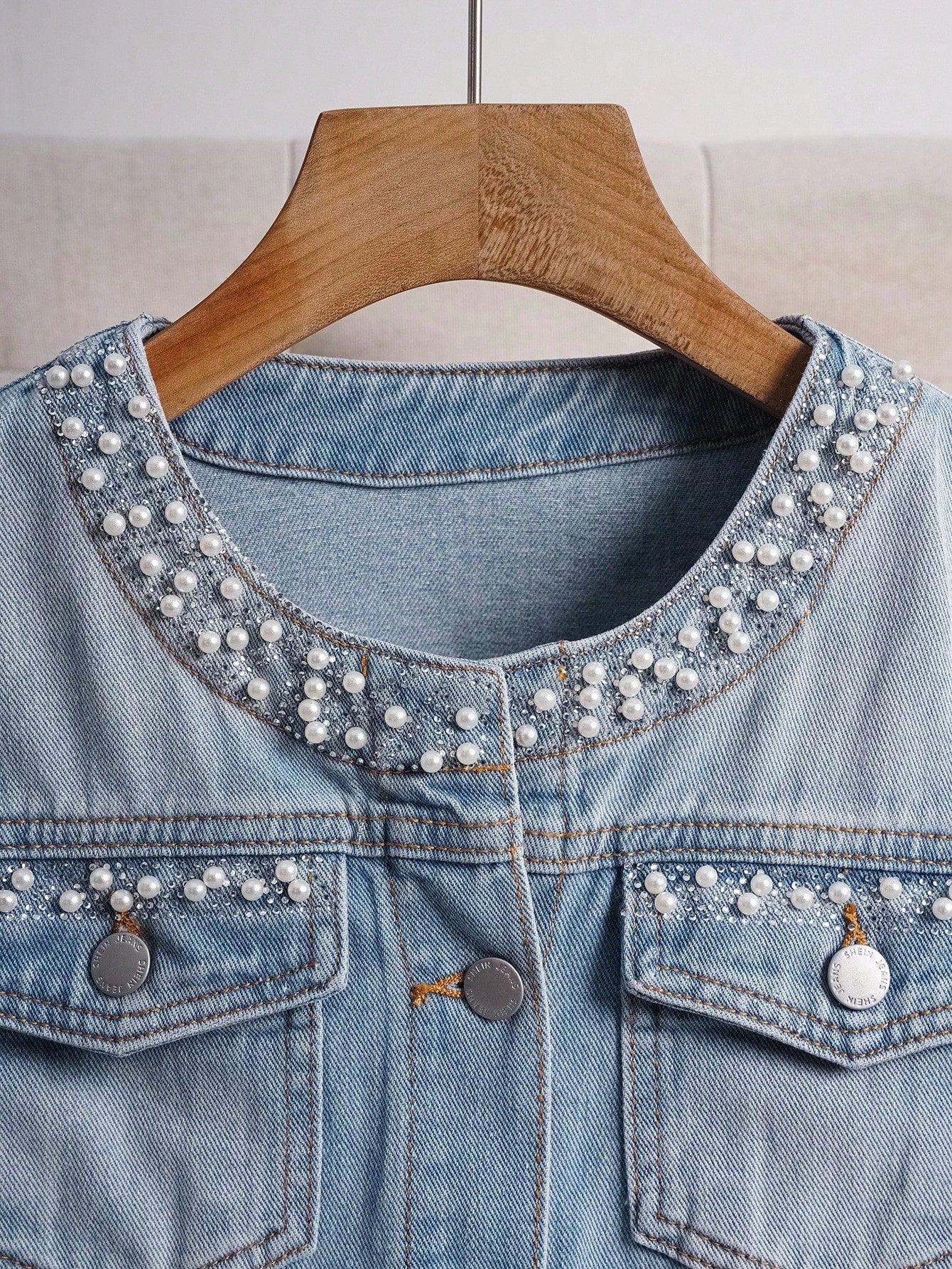 EMERY ROSE Women's Autumn Faux Pearl Decor Single-Breasted Casual Denim Jacket