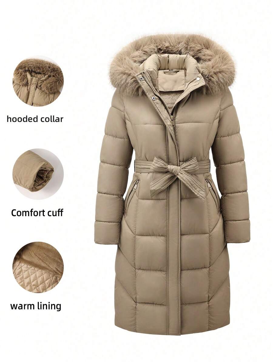 Risissida Women's Casual Hooded Jacket With Pockets, Lightweight Faux Fur Lined Quilted Trench Coat, Fall Daily Wear Winter Coat