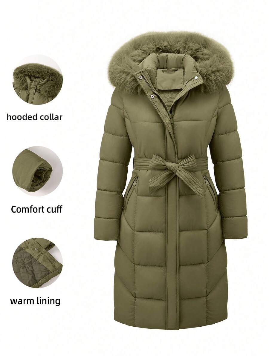 Risissida Women's Casual Hooded Jacket With Pockets, Lightweight Faux Fur Lined Quilted Trench Coat, Fall Daily Wear Winter Coat