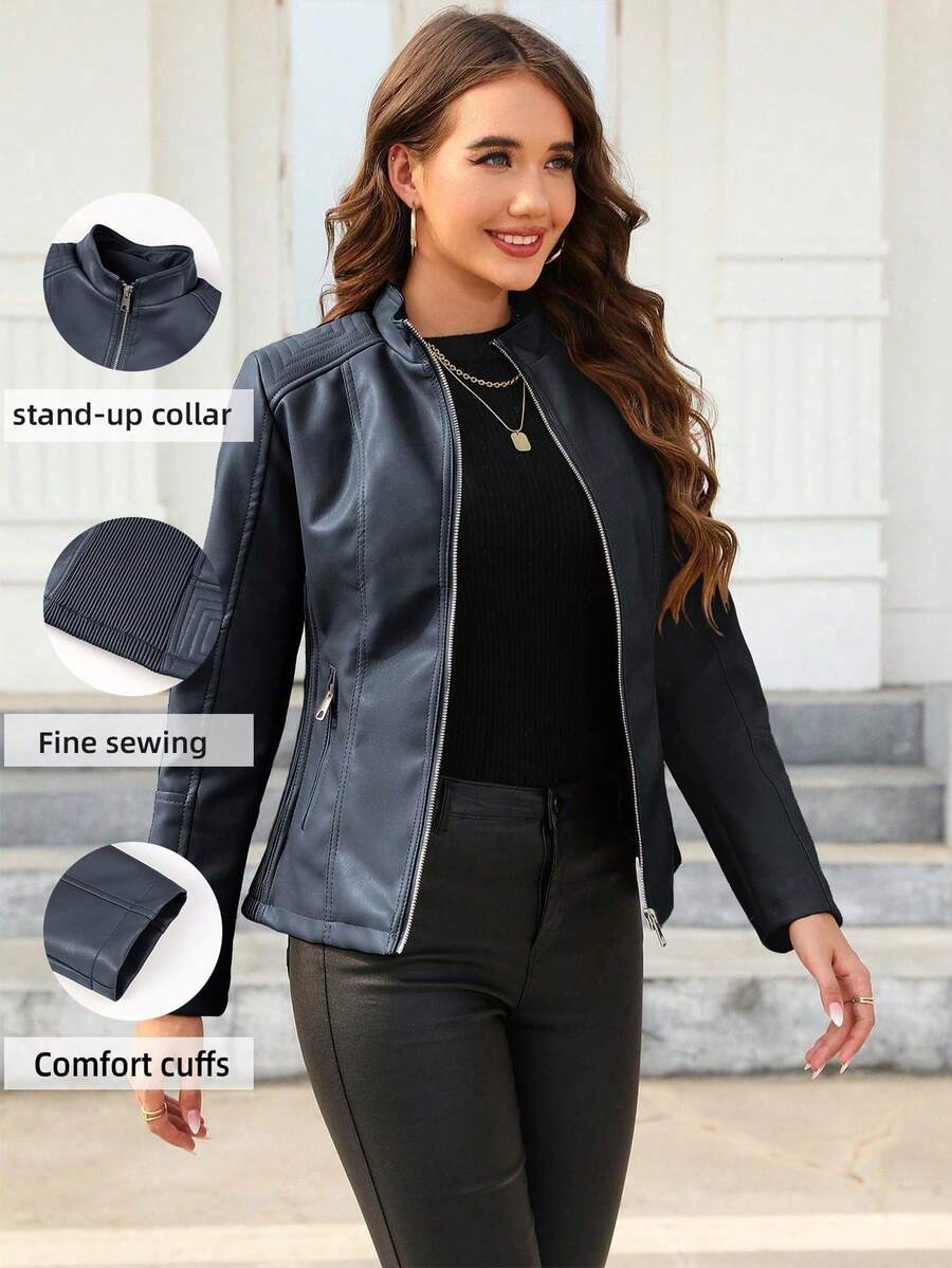 Giolshon Women's Fall/Winter Faux Leather Biker Jacket - Asymmetric Zip, Stand Collar For Edgy Commuting