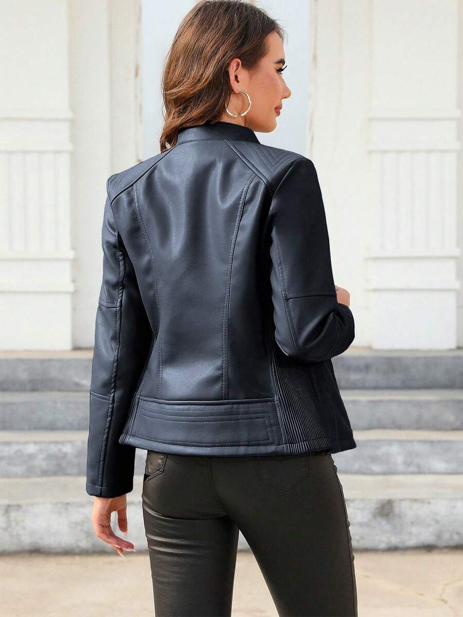 Giolshon Women's Fall/Winter Faux Leather Biker Jacket - Asymmetric Zip, Stand Collar For Edgy Commuting