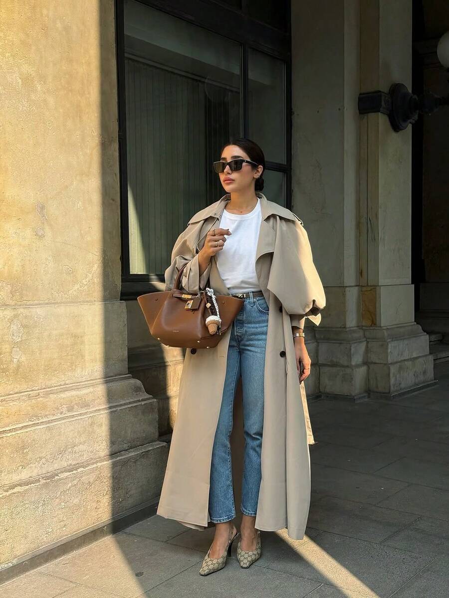 Women's Casual Elegant Long Windbreaker Jacket - Pockets, Flat Lapel Collar, Dolman Sleeves, Tie Waist Belt, Adjustable Cuffs