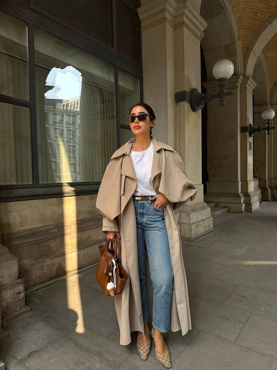 Women's Casual Elegant Long Windbreaker Jacket - Pockets, Flat Lapel Collar, Dolman Sleeves, Tie Waist Belt, Adjustable Cuffs