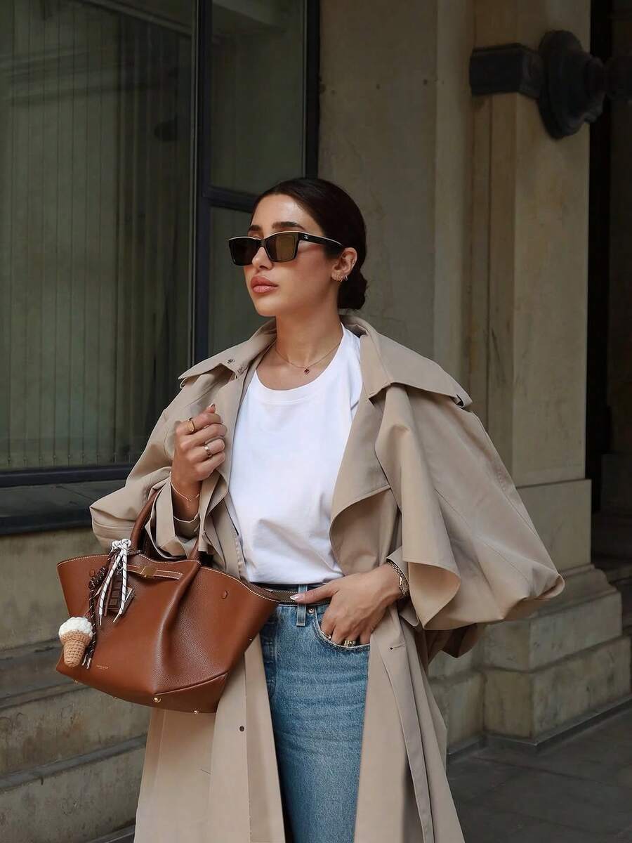 Women's Casual Elegant Long Windbreaker Jacket - Pockets, Flat Lapel Collar, Dolman Sleeves, Tie Waist Belt, Adjustable Cuffs