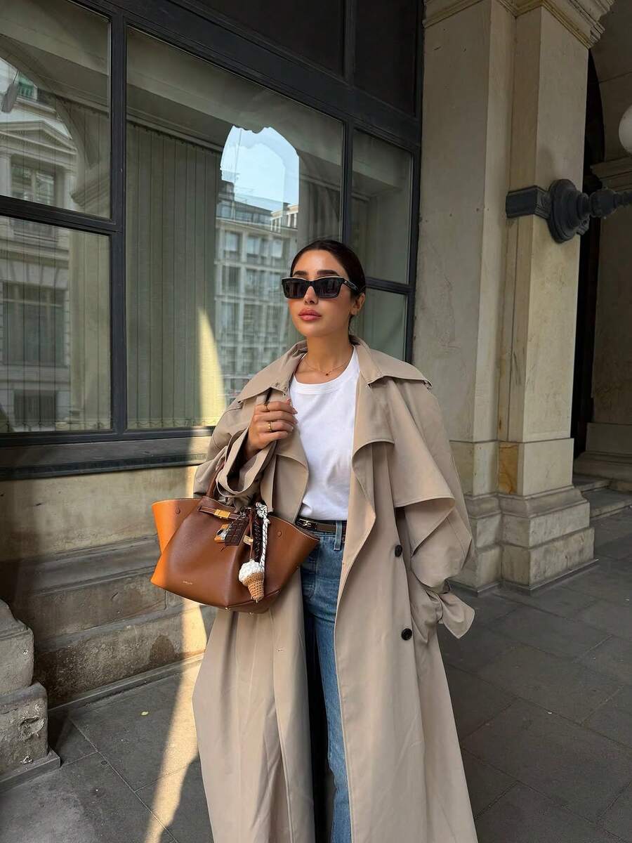 Women's Casual Elegant Long Windbreaker Jacket - Pockets, Flat Lapel Collar, Dolman Sleeves, Tie Waist Belt, Adjustable Cuffs