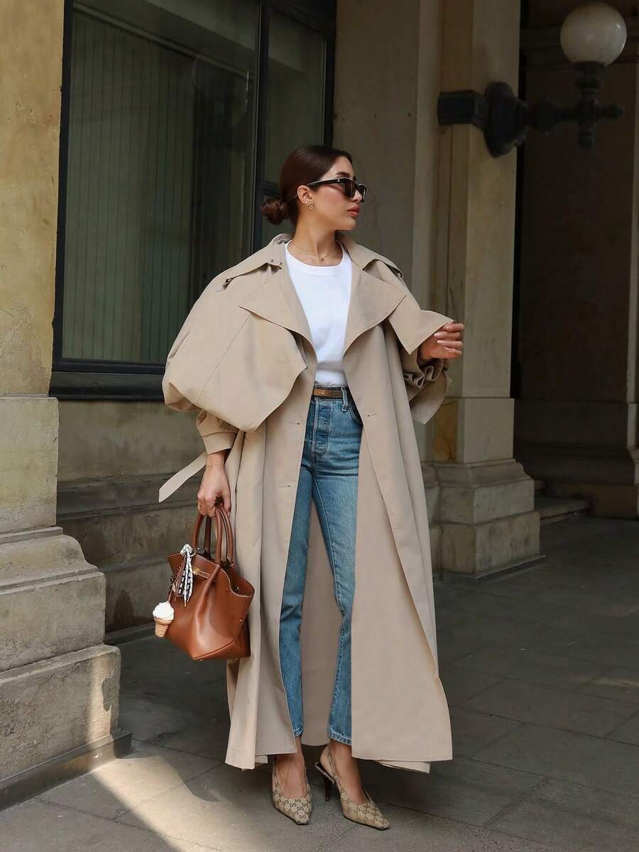 Women's Casual Elegant Long Windbreaker Jacket - Pockets, Flat Lapel Collar, Dolman Sleeves, Tie Waist Belt, Adjustable Cuffs