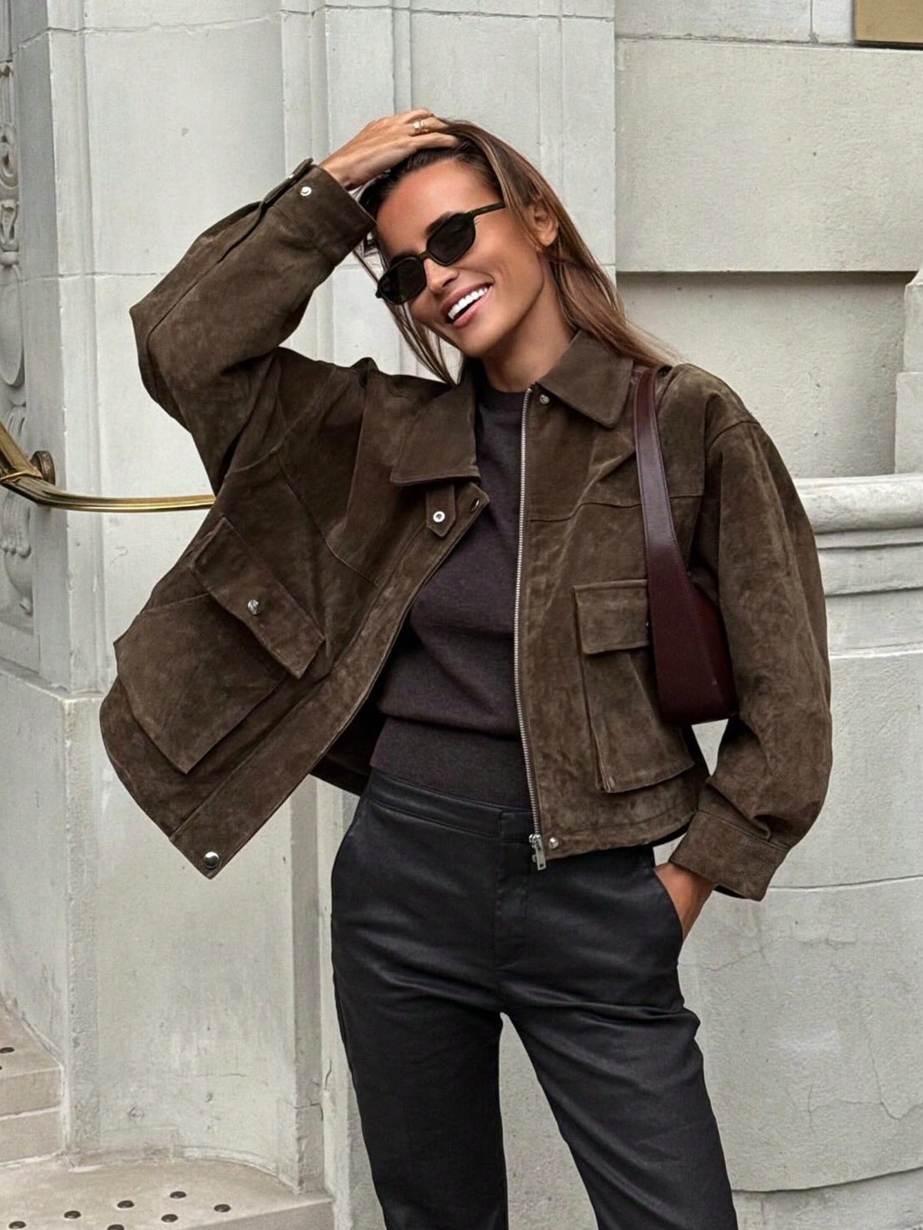 SHIBASHAN Fall Winter Women Vintage High Quality Faux Leather Lapel Bomber Jacket With Pocket Zipper Long Sleeve Outerwear
