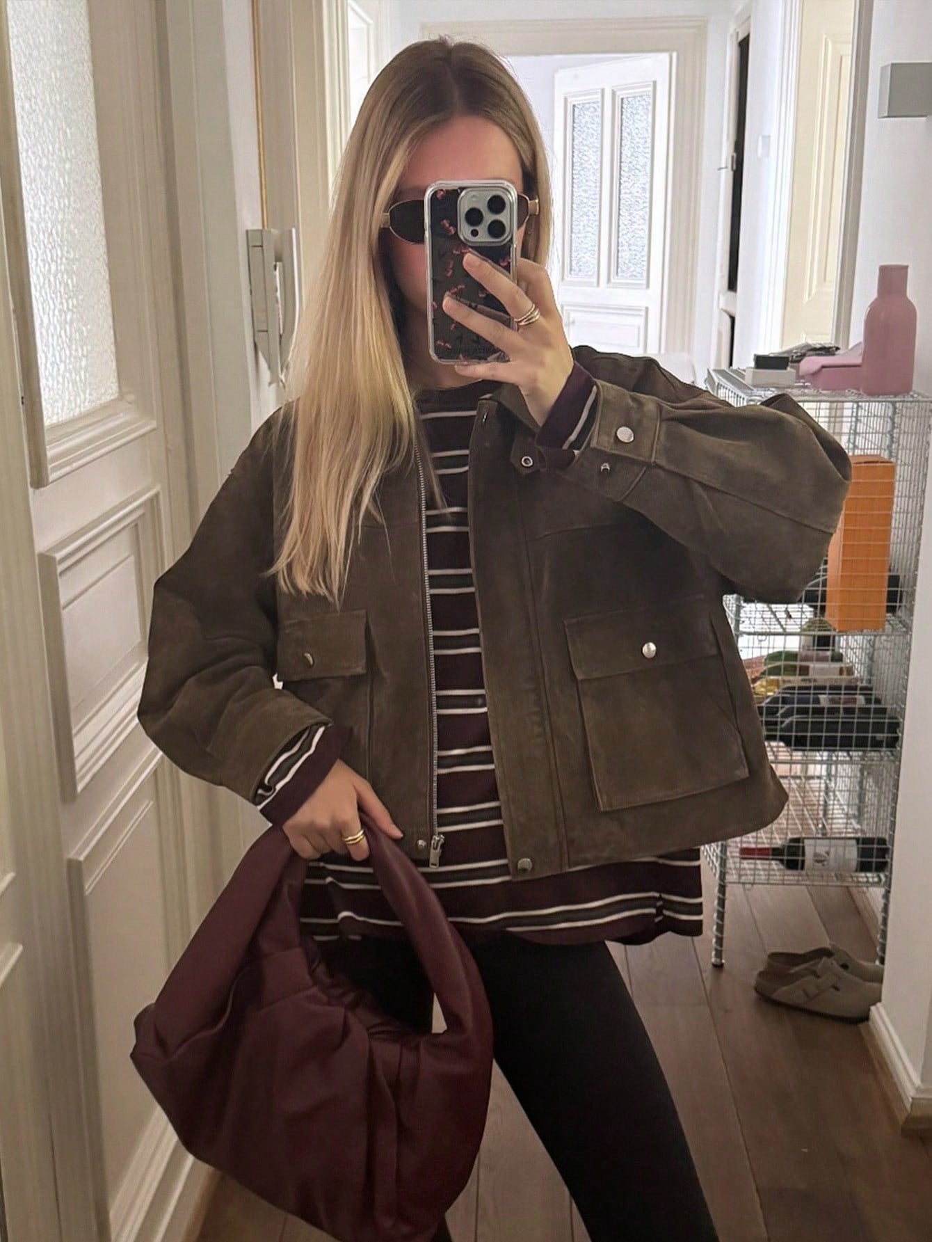 SHIBASHAN Fall Winter Women Vintage High Quality Faux Leather Lapel Bomber Jacket With Pocket Zipper Long Sleeve Outerwear