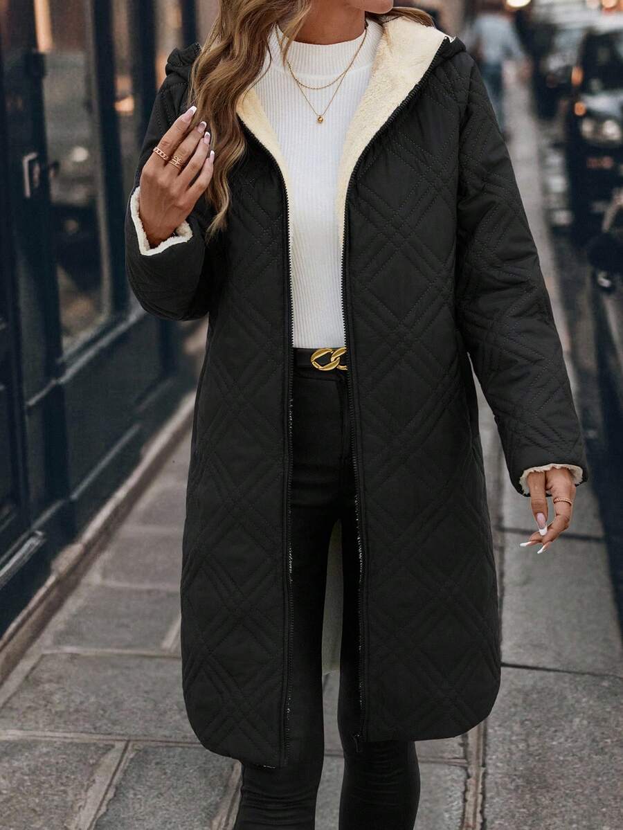 SHEIN Clasi Women Zip Up Hooded Teddy Lined Quilted Coat In Fall/Winter
