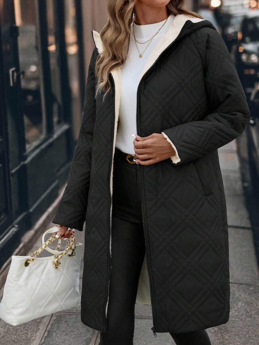 SHEIN Clasi Women Zip Up Hooded Teddy Lined Quilted Coat In Fall/Winter
