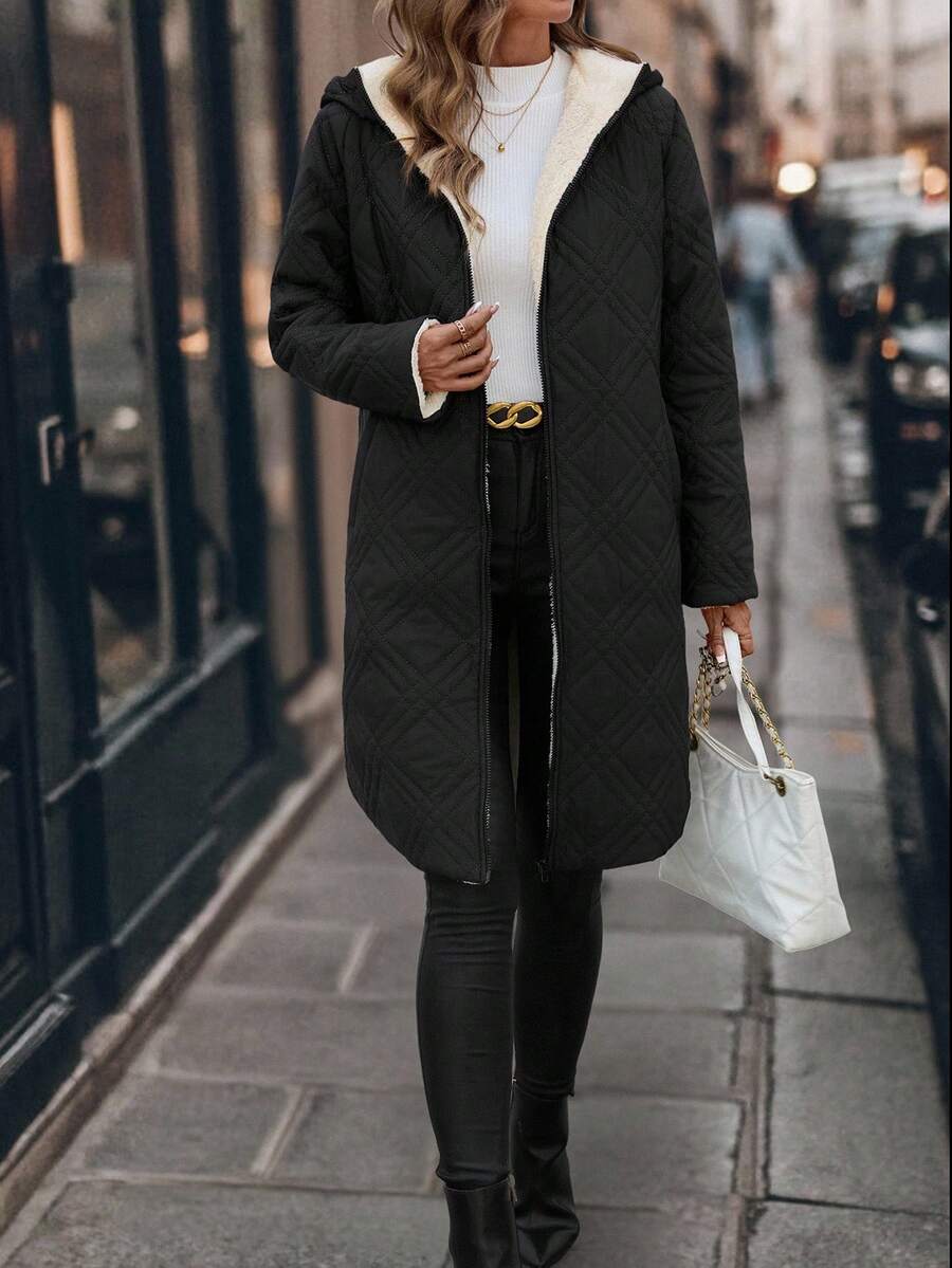 SHEIN Clasi Women Zip Up Hooded Teddy Lined Quilted Coat In Fall/Winter