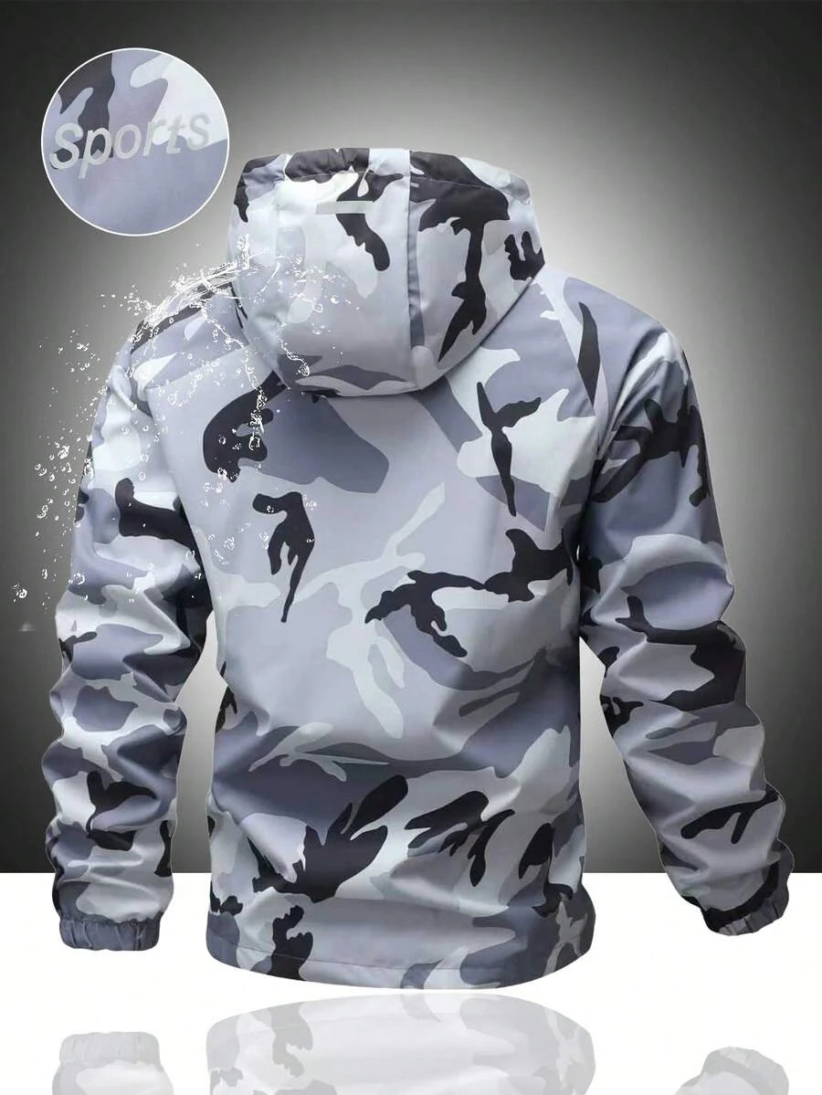 Men's Casual Water-Resistant Windproof Jacket With Letter Print, Versatile Camo Style For Outdoor Activities, Fashion Casual Wear For All Seasons, Fall