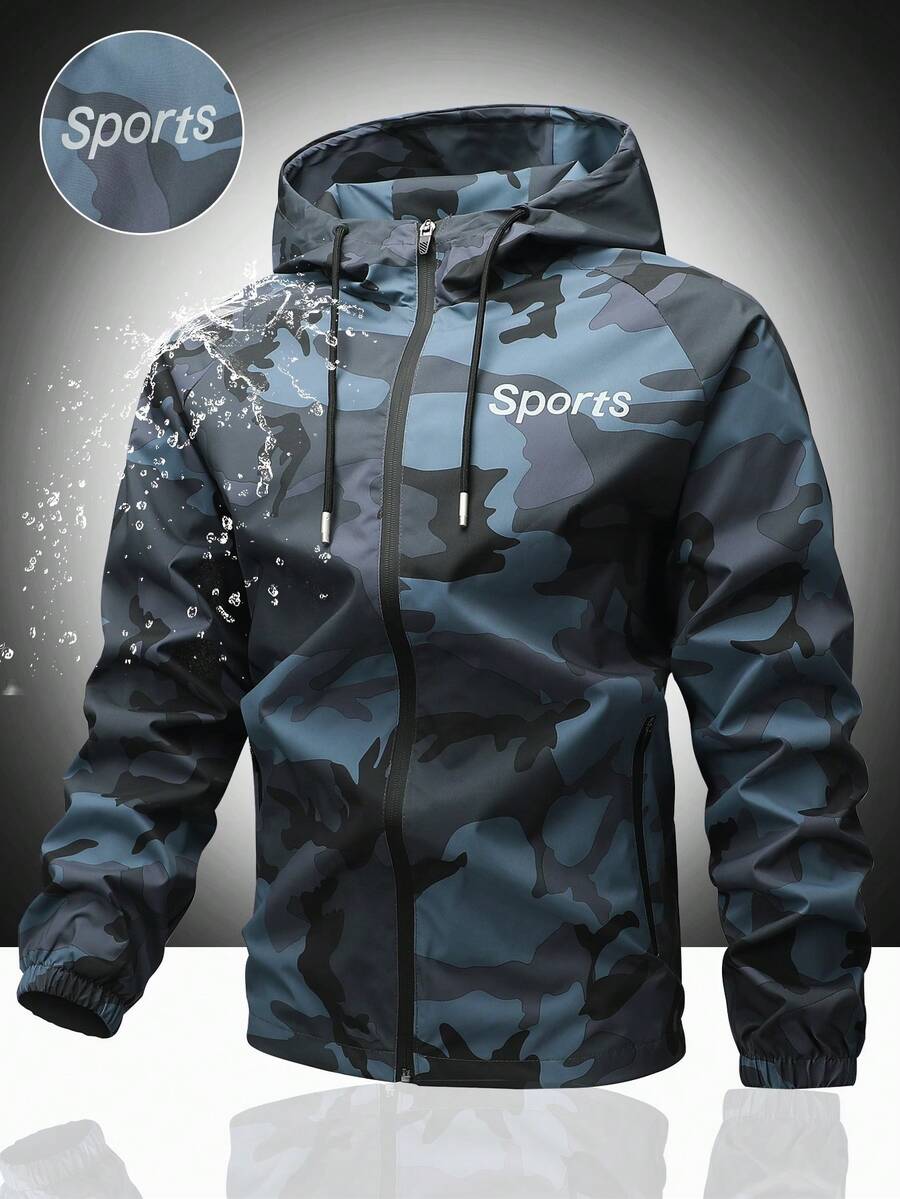 Men's Casual Water-Resistant Windproof Jacket With Letter Print, Versatile Camo Style For Outdoor Activities, Fashion Casual Wear For All Seasons, Fall