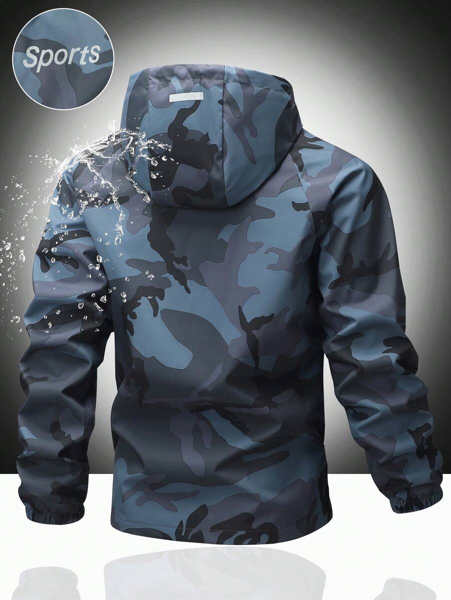 Men's Casual Water-Resistant Windproof Jacket With Letter Print, Versatile Camo Style For Outdoor Activities, Fashion Casual Wear For All Seasons, Fall