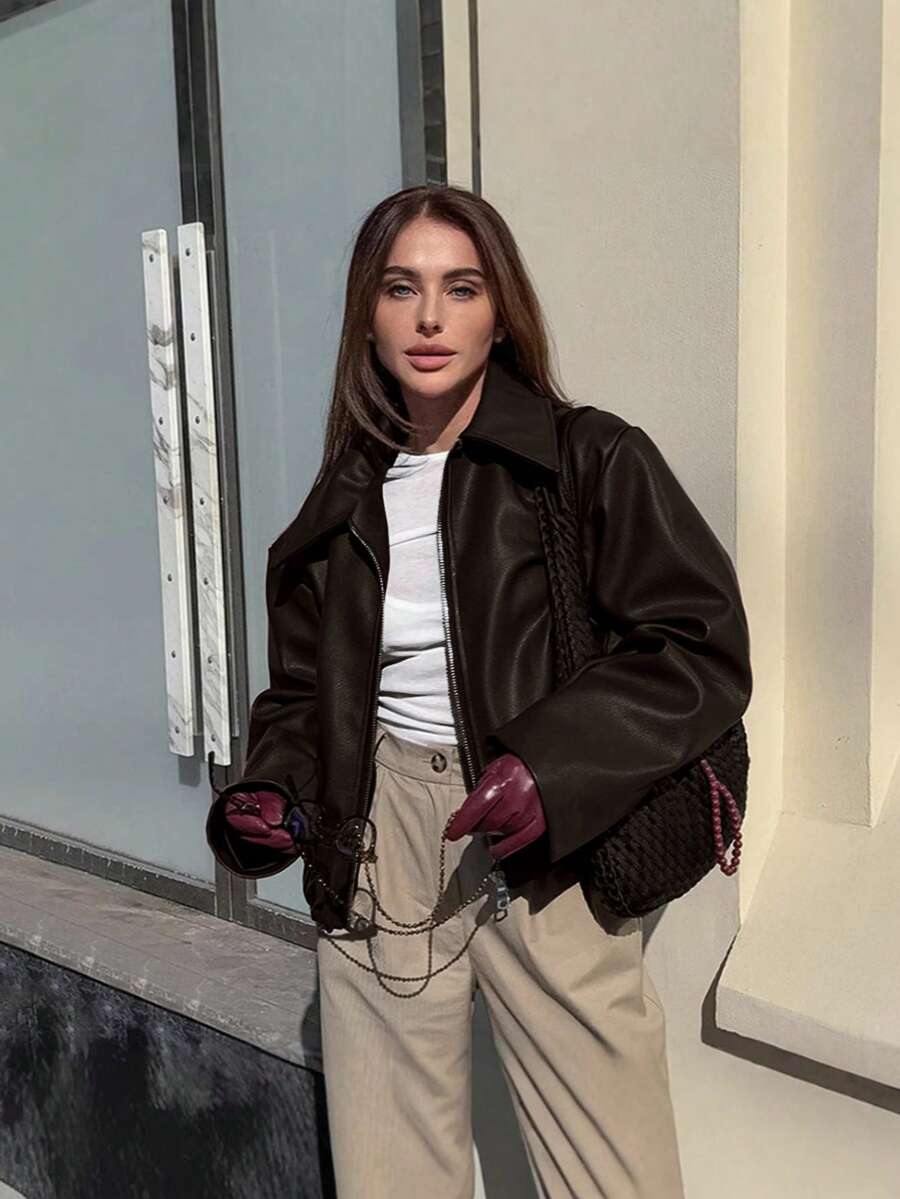 Vintage Casual Motorcycle Style Matte Leather Jacket For Women, Chic European And American Fashion, Zipper Closure, Warm And Windproof, Autumn