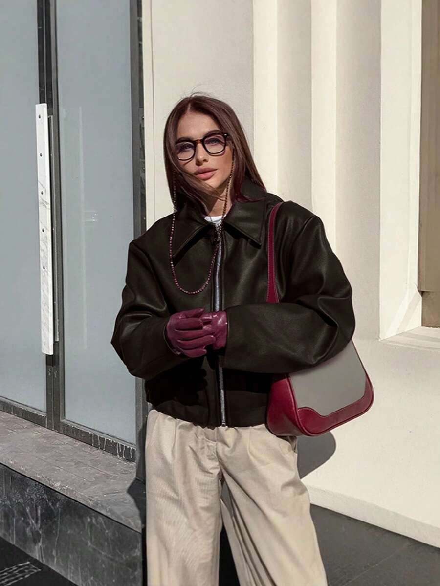 Vintage Casual Motorcycle Style Matte Leather Jacket For Women, Chic European And American Fashion, Zipper Closure, Warm And Windproof, Autumn