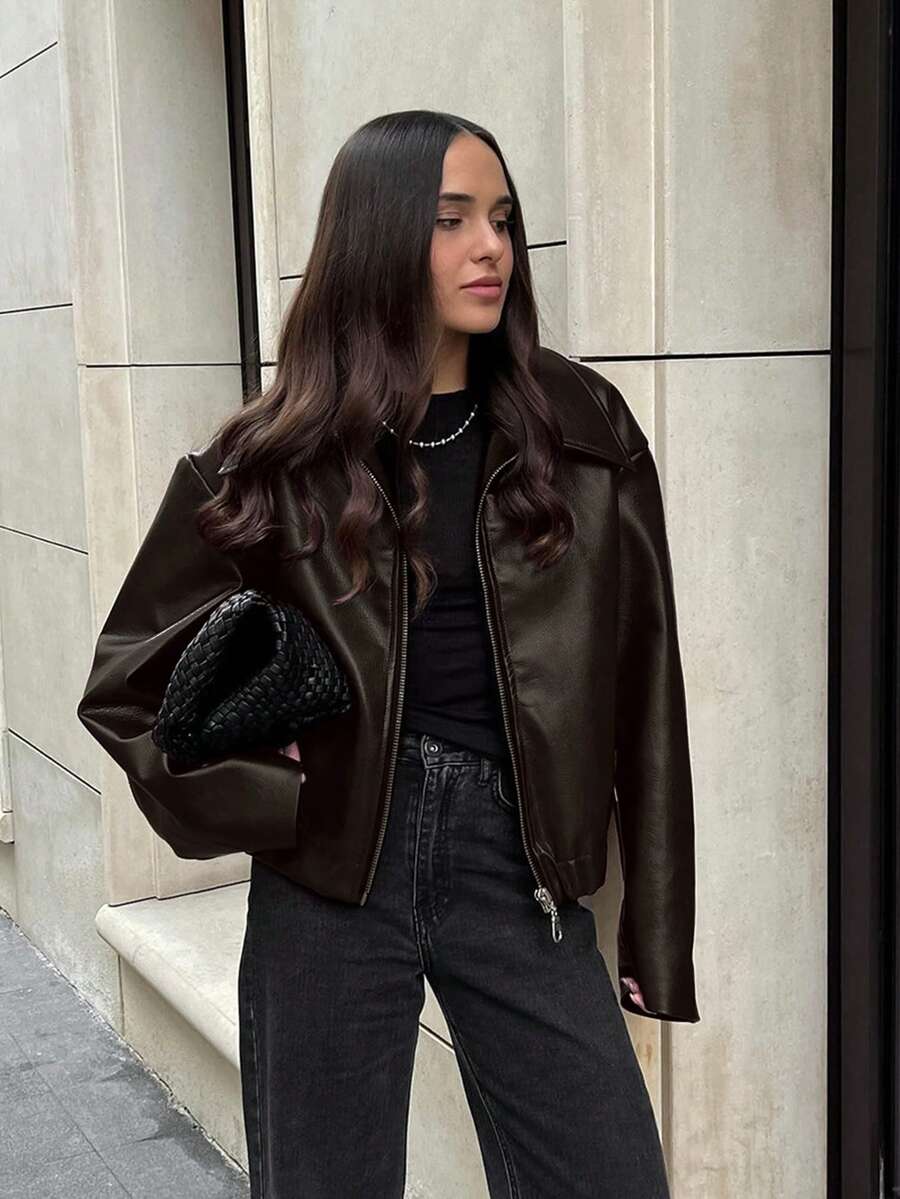 Vintage Casual Motorcycle Style Matte Leather Jacket For Women, Chic European And American Fashion, Zipper Closure, Warm And Windproof, Autumn